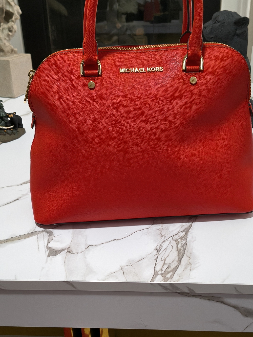 Michael Kors Red Saffiano Dome Satchel with Gold Hardware